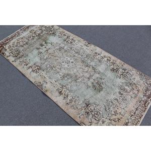 Turkish Rug 3.2x7 ft, <b>Brown</b> Green Check <b>Wool</b> Vintage Rug - Product Image 4