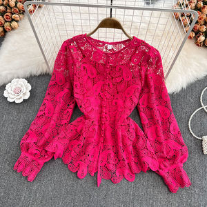 Fashionable Elegant <b>Lace</b> <b>Tops</b> Women Solid O-<b>neck</b> Short Sleeve Hollow Out Blouse Clothes Blusas Femininas - Product Image 2