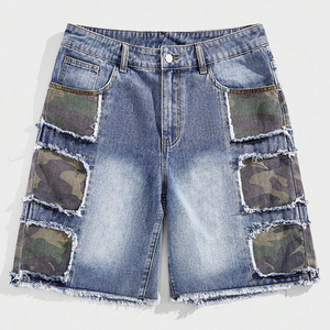 Qualité supérieure hommes Streetwear 2025 sur mesure lavé en détresse camouflage Patchwork fermeture éclair mouche Denim Jean hommes Shorts - Product Image 3