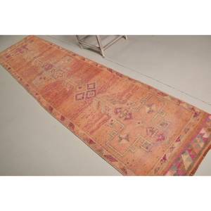 Vintage <b>Rug</b>, <b>Runner</b> 2.8x11.6 ft Turkish <b>Rug</b>, Orange Pink Check Wool <b>Rug</b> - Product Image 4