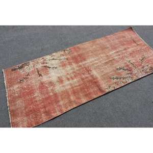 Modern Vintage Turkish Rug 2.8 X 6.6ft Handmade <b>Pink</b> Beige <b>Wool</b> Latex Backing Classic Rectangle Puzzle Pattern Abstract Hallway - Product Image 2