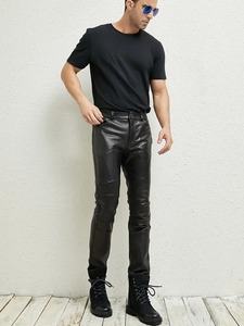 Moto Biker Style Hombres Otoño Slim Fit Piel de oveja Pantalones pitillo de cuero genuino Cintura media Moda Punk Stage Show Pantalones ajustados - Product Image 4
