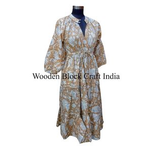 Robe Himanshi pour femme, 100% coton, col en V, style bohème, imprimé numérique floral, décontractée, quotidienne, respirante, longueur midi, naturelle, ample - Product Image 5