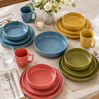 Lot de 12 pièces de vaisselle scandinave en grès céramique, finition émaillée mate mouchetée, réutilisable, compatible lave-vaisselle, kit de tasses durable