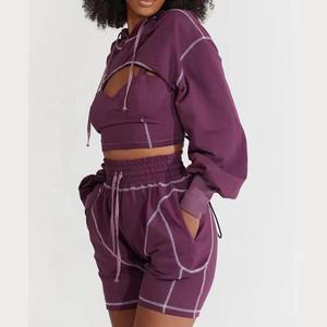 2025 Summer Workout Outfit Two Piece <b>Cropped</b> Hoodies and Shorts Set Women Custom 2 Piece Loungewear Set Women Unique Design Set - Product Image 3