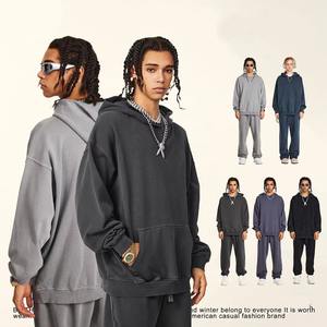 Chándal de lana de algodón 100% lavado ácido personalizado de alta calidad para hombre, pantalones de chándal holgados acampanados, conjunto de Jogger y Sudadera con capucha 2025 para hombres y niños - Product Image 6