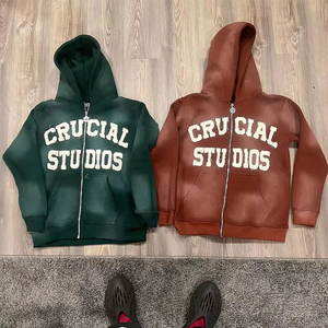 เสื้อฮู้ดแบบมีซิปสำหรับผู้ชายผ้าฟลีซ400gsm ฟอกสีแสงแดดซีดจาง - Product Image 3