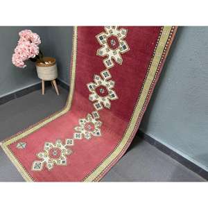 2.8x8.6 ft Vintage <b>Runner</b> Rug, <b>Red</b> Green Turkish Patchwork Wool Rug - Product Image 2