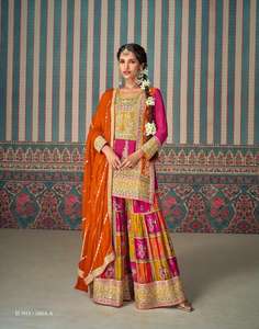 Costume de mariage exclusif en soie Chinon brodé multicolore avec Choli Salwar Kameez pour adultes - Product Image 6
