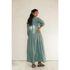 Vestido Largo de Algodón Verde Azulado Sólido para Mujer, Cuello en V, Plisado, Manga Corta, Estilo Casual, Étnico, Urbano, Gótico, con Estampado Floral, Ropa de Verano - Product Image 4