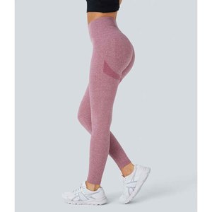 New Wholesale High Waisted Women's Solid Color Yoga <b>Leggings</b> Full Length Seamless Elastic Waist Sport Pants <b>Pink</b> - Product Image 3
