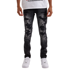 Jean en denim noir déchiré et délavé pour homme, coupe droite, style streetwear décontracté, pour le quotidien - Product Image 1
