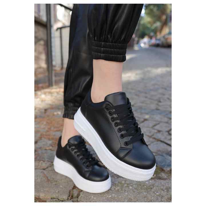 Leran Black Skin White Sole Lace up Sports Shoes