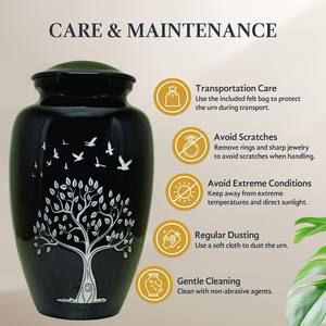 Urna Funeraria Negra Brillante Estilo Americano/Europeo con Diseño de Pájaros en el Árbol, Ecológica, 10 Pulgadas, 220 Pulgadas Cúbicas - Product Image 5