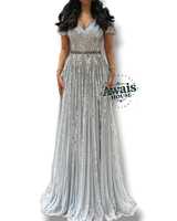 Robe de soirée de luxe pour femme, taille empire, col rond, longueur ras du sol, silhouette trapèze, ornée de perles, de cristaux et de diamants, avec broderie intégrée