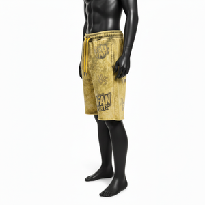 Shorts en coton French Terry épais 340 GSM, délavés à l'acide, jaunes, avec logo clouté, pour homme - Product Image 3