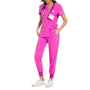 Women's <b>Doctor</b> Medical Scrub <b>Set</b> V Neck Short Sleeve Top & Jogger Pants with Pockets Spandex/Polyester Material - Product Image 2