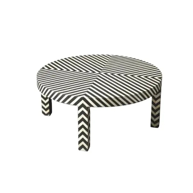 High Quality Best Design Bone Inlay Antique Center Table White Inlay Geometric Round Central Coffee Table Home Decor Furniture