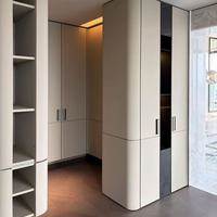 Armoire sur mesure avec panneaux de porte en cuir intégrés et bandes LED, une armoire de chambre moderne et minimaliste dotée de portes en cuir