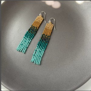 Bead Fringe <b>Earrings</b> - Ombre Seed Bead <b>Earrings</b> - Boho <b>Earrings</b> - <b>Turquoise</b> Gold - Product Image 2