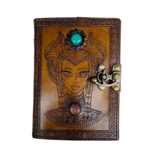 Antique Embossed Woman Face Genuine Leather Journal Vintage Hardcover Notebook Charcoal Stone <b>Book</b> Spells Metal Clasp Handmade - Product Image 1