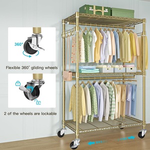 Adjustable Rolling Heavy Duty Garment <b>Rack</b> 3 Tiers Metal Closet Organizer with Lockable Wheels Free <b>Standing</b> with Double Hanger - Product Image 6