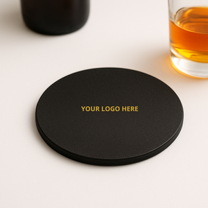 Posavasos de Cuero Regenerado de 100 mm Personalizados, con Estampado Digital en Relieve Dorado, Ecológicos, Hechos a Mano, para Hostelería - Product Image 4