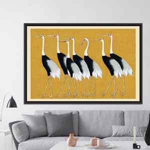 Lienzo Impreso: Elegante Obra de Arte de Grullas en Negro, Blanco y Amarillo Mostaza, Lienzo con Marco Negro - Product Image 1