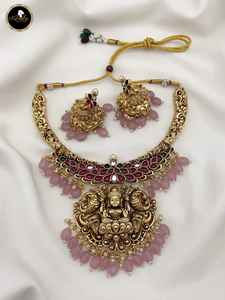 Hermoso conjunto de collar de Templo de calidad superior con conjunto de collar chapado en oro con pendientes para ropa de boda para mujer - Product Image 2