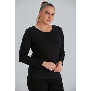 T-shirt noir à manches longues et col rond, taille plus - Product Image 2