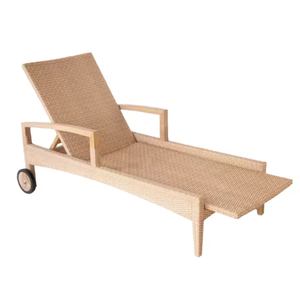 Chaise longue d'extérieur moderne en teck avec structure en rotin et en bois résistant aux UV pour jardin, terrasse et piscine - Product Image 5