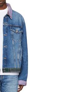 Veste en jean bleue pour homme avec col à carreaux violets, boutons sur le devant, lavage vintage, style décontracté, streetwear, vêtements d'extérieur - Product Image 2