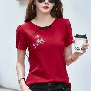 Vêtements pour femmes col rond été pull couleur unie plantes et fleurs brodé nœud T-shirt Style chinois tout match hauts - Product Image 1