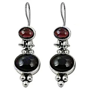 Vintage Silver Plated Drop <b>Earrings</b> with Garnet and <b>Black</b> Stone Bezel Setting Women's Fashion Jewelry - Product Image 3