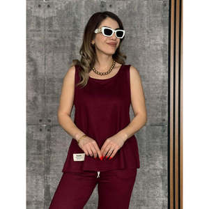 Ensemble deux pièces pour femme, chemisier à bretelles et col rond en viscose à deux fils et pantalon de survêtement, 26611 - Bourgogne - Product Image 3