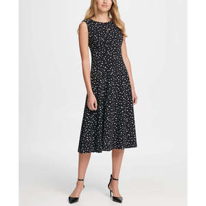 Abito Midi Grigio Comodo da Donna DKNY, Taglia 10, con Stampa a Pois e Vita Impero Plissettata - Product Image 1