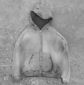 Sweat à capuche surdimensionné vintage pour hommes 100% coton avec fausse fermeture éclair poids lourd recadrée motif d'écran 3D en relief délavé - Product Image 2