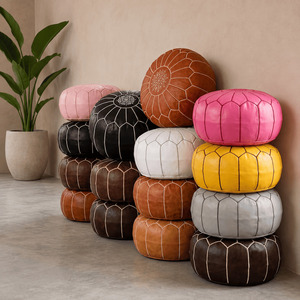 Wholesale Handcrafted Red Moroccan Leather Pouf Unstuffed Embroidered Round Floor Ottoman Footstool Cover multiple colors - Product Image 4