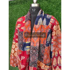 Wholesale Unisex Quilted Floral Kantha Jacket Hand-Stitched Cotton Woven Winter Coat Embroidery Sustainable <b>Belt</b> Plus Size - Product Image 4