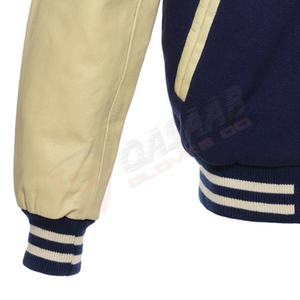 Manches en cuir véritable, couleur bleue, laine-Letterman Plus-Size Wholesale Blanked Bomber Boys-College Men's Varsity Jackets - Product Image 4