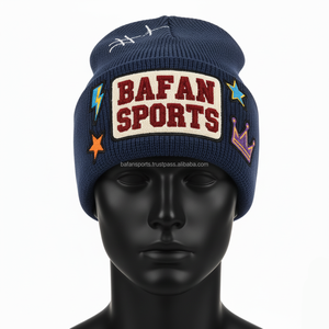 Haute qualité 320 GSM épais côtes tricot hommes Beanie Cap confortable hiver chaud chapeau bleu marine avec Patch personnalisé Logo jacquard Beanie Cap - Product Image 1