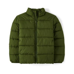 Chaqueta acolchada para niños de concha blanda recubierta en verde, impermeable y resistente al viento con relleno de poliéster, abrigo de estilo informal con cuello levantado - Product Image 2