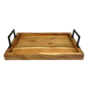 Bandeja de exhibición de comida redonda de madera de alta calidad grande con mango de metal para decoración y servicio - Product Image 2