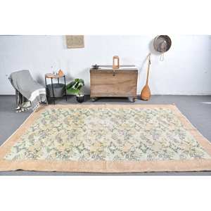 Tapis Turc Classique Vintage Beige Vert 6.6 X 9.6ft Laine Faite à la Main avec Support en Latex Motif Patchwork Rectangulaire pour Chevet - Product Image 1