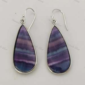 Boucles d'oreilles pendantes en argent sterling 925 avec fluorite, bijoux bohèmes uniques faits à la main, forme poire, fluorite naturelle, tendance et originales - Product Image 3