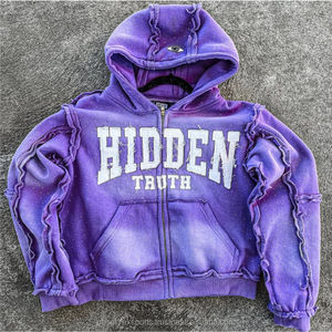 Chándal con apliques bordados desgastados para hombre, pantalones con capucha lavados transpirables, trajes de invierno, chándal bordado con parche desgastado - Product Image 1