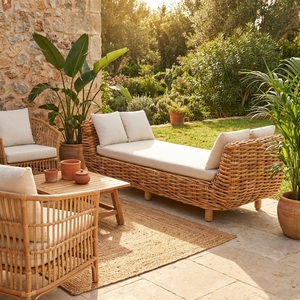 Outdoor <b>Rattan</b> Daybed Lounge <b>Sofa</b> Mahogany Wood Frame Cl <b>Rattan</b> Natural Daphnie Cream Cushion Chaise Lounge Setup Art Design - Product Image 3