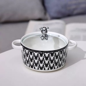 Bol à pâtisserie en céramique écologique à motif noir et blanc de style INS, bol à nouilles, bol à soupe avec couvercle - Product Image 2