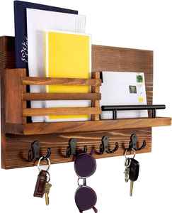 Rustic Pine Wood <b>Wall</b> Mounted <b>Key</b> Holder with Mail Shelf and 5 Hooks Multifunctional Organizer <b>Rack</b> <b>for</b> Home Decor - Product Image 1