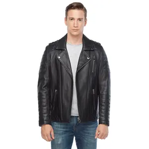 Chaqueta de cuero de motorista personalizable al por mayor de alta calidad para hombre, cuello levantado, cuero Real con material de tela de plumón para motocicletas - Product Image 1